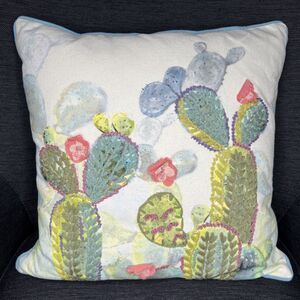 Pier 1 Embroidered Floral Cactus Throw Pillow Teal Back 17” Square Zip Close